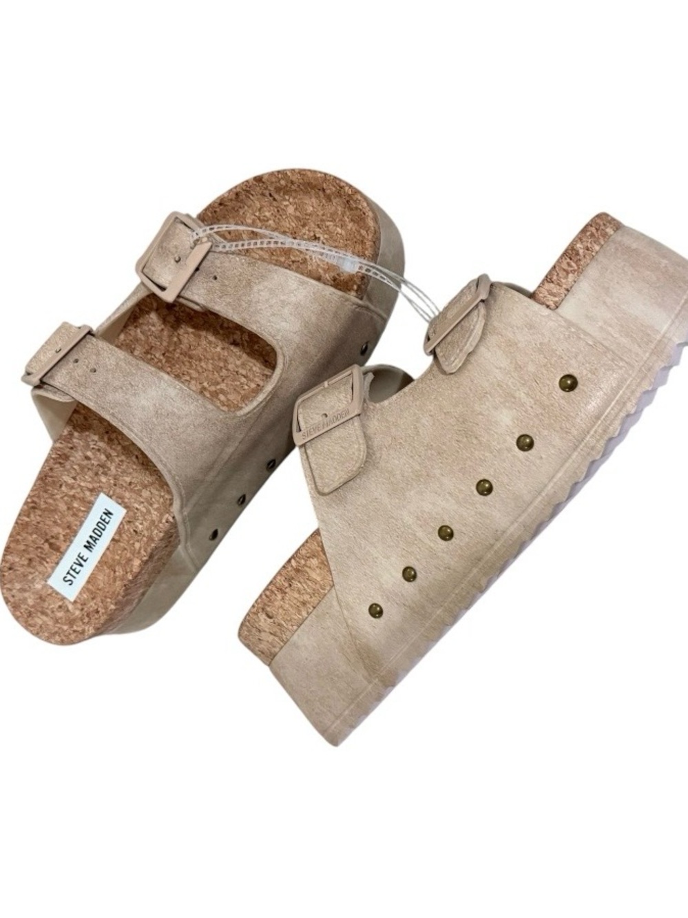 Steve Madden Neutral Beige Cork Platform Buckle Slides